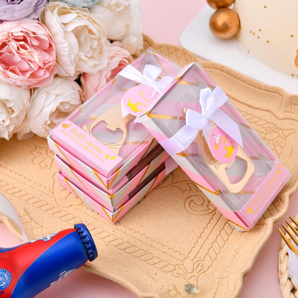 24 Pcs Baby Bottle Opener, Popping Girl Bear Footprint Keychain Bottle Openers with Pink Gift Box, Baby Shower Party Favors for Guests, Wedding