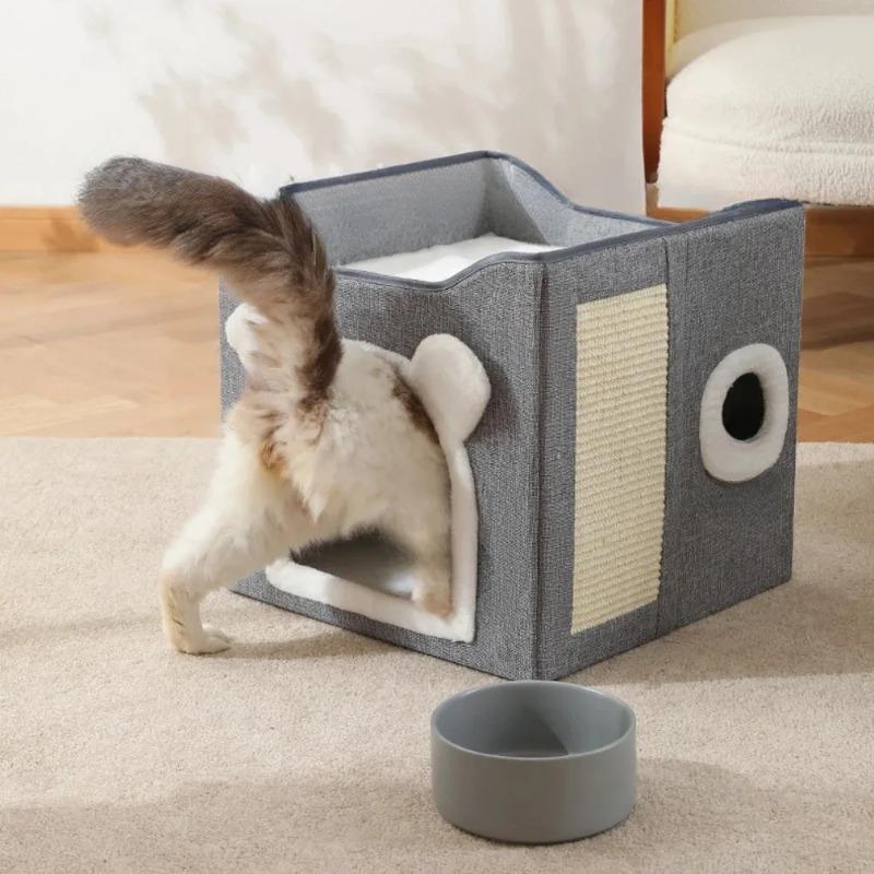 Pet Cat House Large Cat Bed Four Season Universal Double Layered Cats With Fluffy Ball Hanging Cube Beds For Large Kitten Indoor