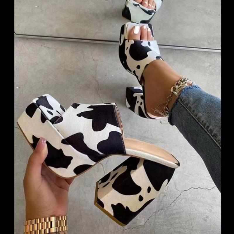 Fashion 2024 Printing Thick High Heel Sandals Womens Slipper Summer Sexy Peep Toe Street Party Square Toe Platform Sandal