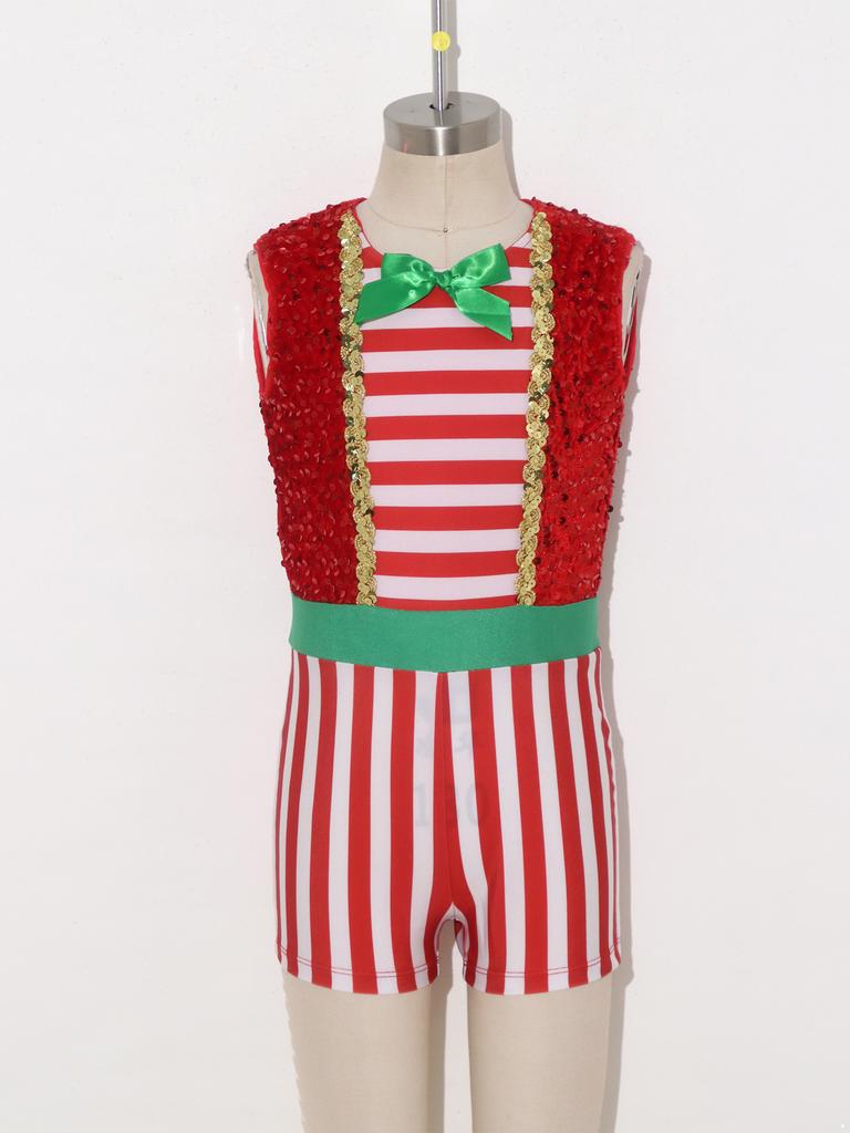 Kids Girls Christmas Party Jumpsuit Velvet Sequin Candy Cane Striped Color-block Sleeveless Back Zipper for Holiday Dress Up