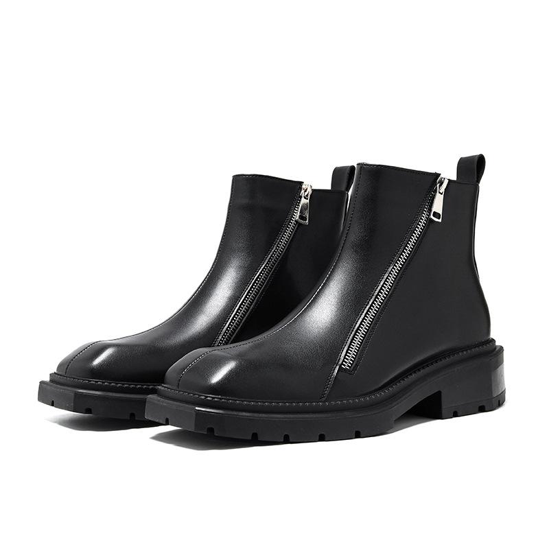 Chelsea Boots Square Toe Leather Shoes Black Ankle Boots Double Side Zipper Motorcycle Boots Stivaletti Bota De Tornozelo C1177