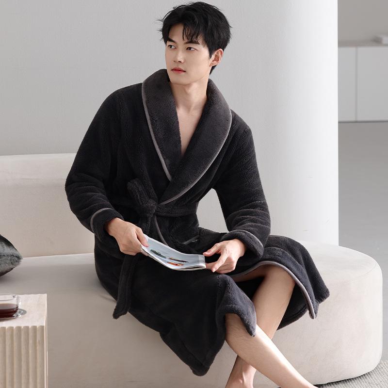 Autumn And Winter Men'S Nightgown Thermal Pajamas Fleece Thickened Flannel Long Bathrobes Coral Fleece Loungewear