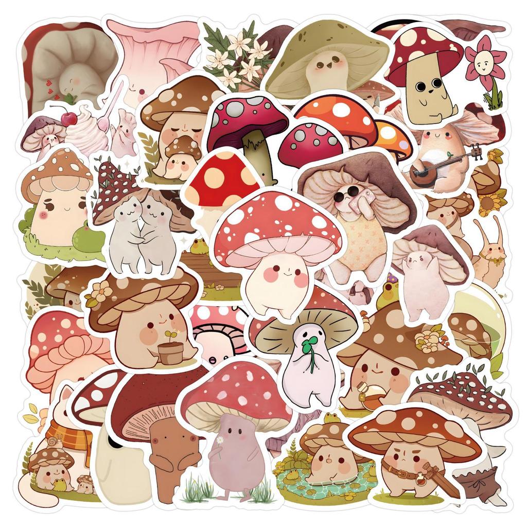 60 Cartoon Mushroom Friends Stickers: Waterproof DIY for Mobile & Luggage