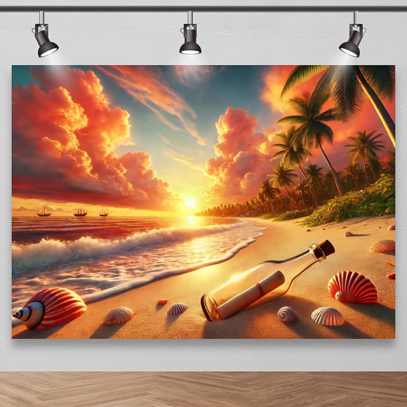 2D flat banner 1 stunning ocean sunset beach photography backdrop - polyester seaside scenery with shells sand and palm trees 180X110