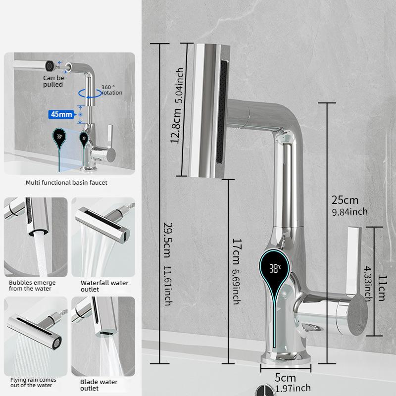 

Новый Температурный Цифровой Дисплей Смеситель для Раковины Выдвижной Подъемный Смеситель для Ванной 4 Режима Горячая Холодная Вода Смеситель для Раковины Кран для Умывания
