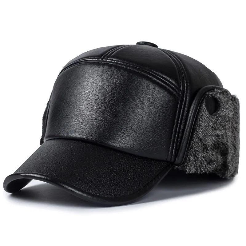 WTEMPO Autumn Winter Faux Leather Warm Plush Peaked Caps Men's Solid Color Large Versatile Casual Thick Cold-proof PU Hats