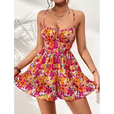 Damen Quadratischer Halsausschnitt Ärmellos Floral A-Linie Hoher Bund Urlaub Mini Kleid Sommerkleid