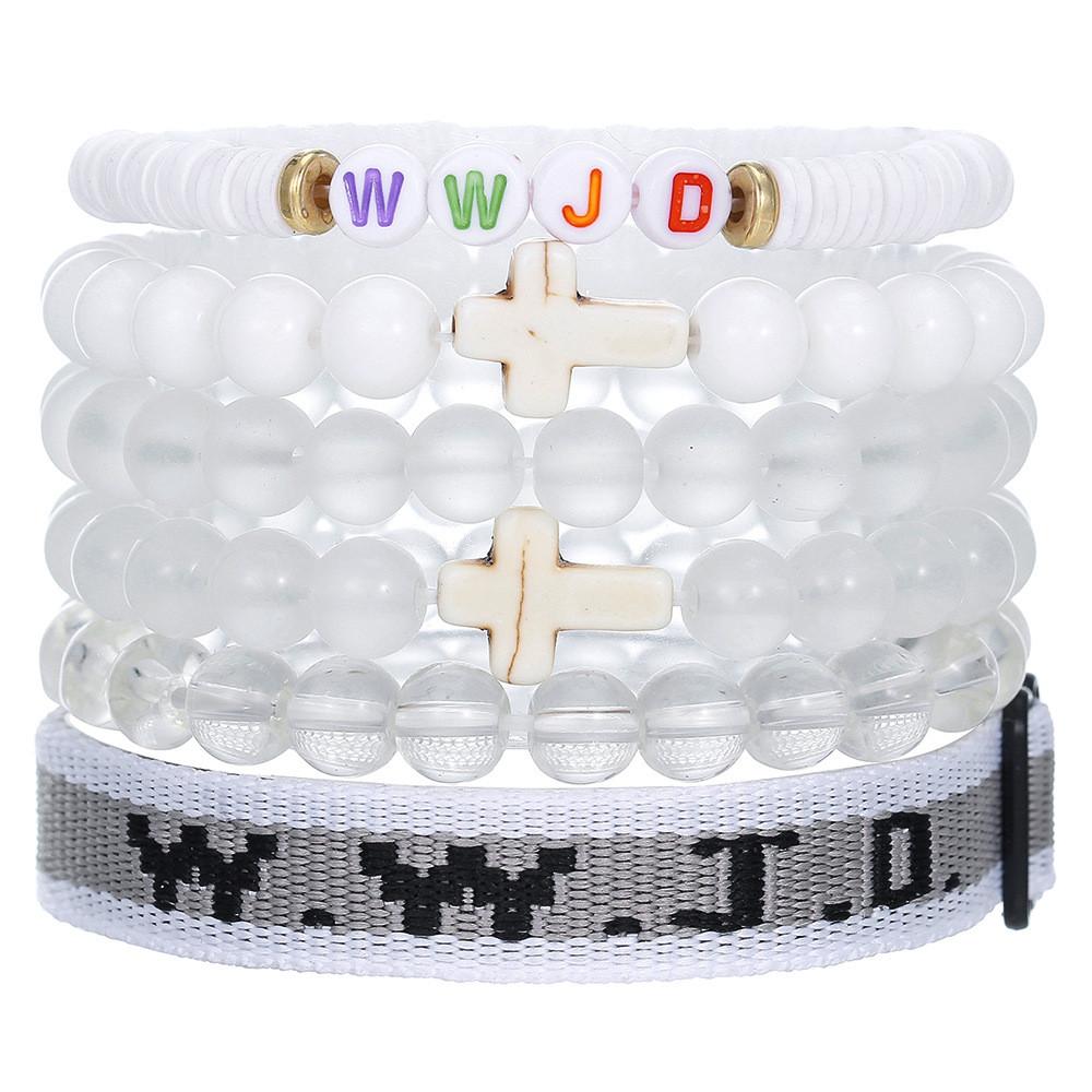 Wwjd Kreuz Armbänder mit Perlen Handgefertigt Geometrisch Polierte Steine Für Männer Frauen Freundschaft Und Glaube