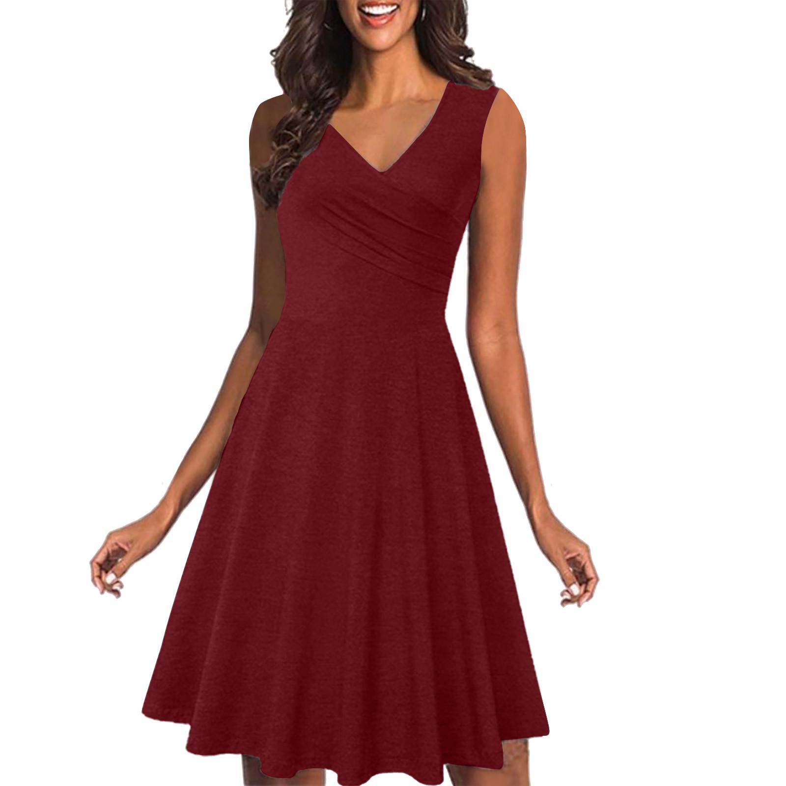 

Модное женское летнее повседневное элегантное платье средней длины без рукавов с v-образным вырезом XXL винный
