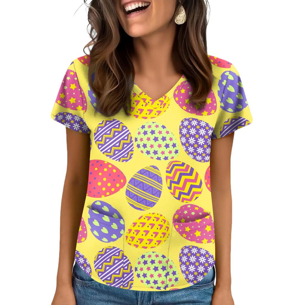 Women's V-Neck Easter Print Short-Sleeve Pocket Top With Side Slit