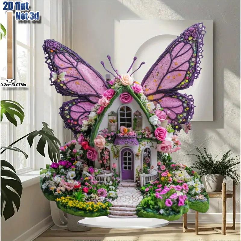 

2D Flat Acrylic Fairy Tale House with Butterfly Wing Decoration, Indoor and Outdoor Decoration - No Battery/electricity Required, Free Day Decoration 17*20cm