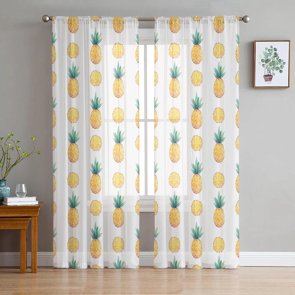 Yellow Pineapple Fruit Flower Tulle Curtains Living Room Bedroom Decoration Transparent Chiffon Voile Window Curtain Light Filtering For Polyester