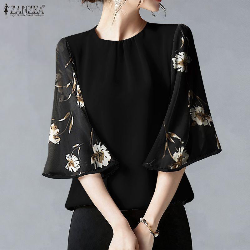 ZANZEA Women Casual Round Neck Loose Splice Half Sleeve Blouse