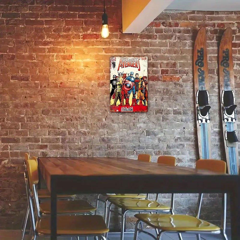 2D Flat, 1pc Marvel Uncanny Avengers Metal Wall Art - Join the Revolution, Retro Iron Sign with Iconic Superheroes, Perfect for