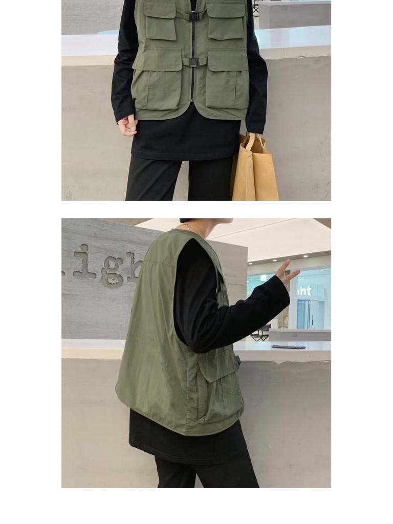 Men's Retro Multi-Pocket Workwear Vest: Spring/Autumn Thin Sleeveless Trendy Gilet