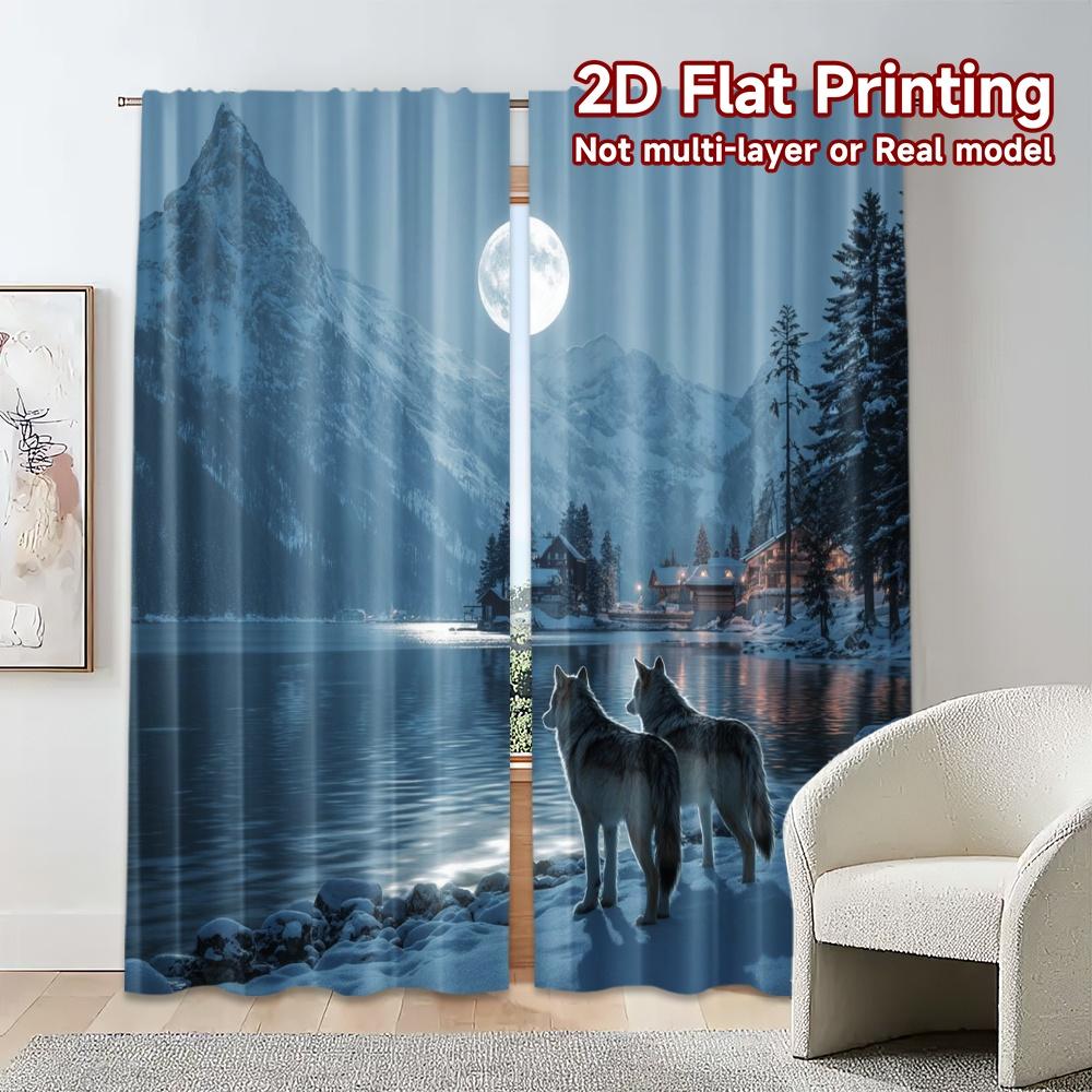 2pcs, 2D FLAT PRINTING Curtains (Without Rod) Moonlit Wolves(1) Chic Curtain Chic Polyester Curtains Festive Decorative for