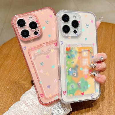 Little Love Hearts Print Transparent Phone Case For iPhone 16 Pro 15 Pro Max 14 13 12 11 Clear Card Slot TPU Soft Shockproof Bumper Cover