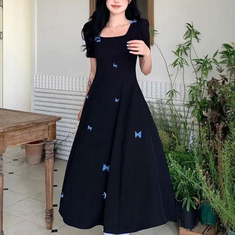 Butterfly Short-sleeved Dress for Women in Summer French Style Square Neck Small Black Skirt