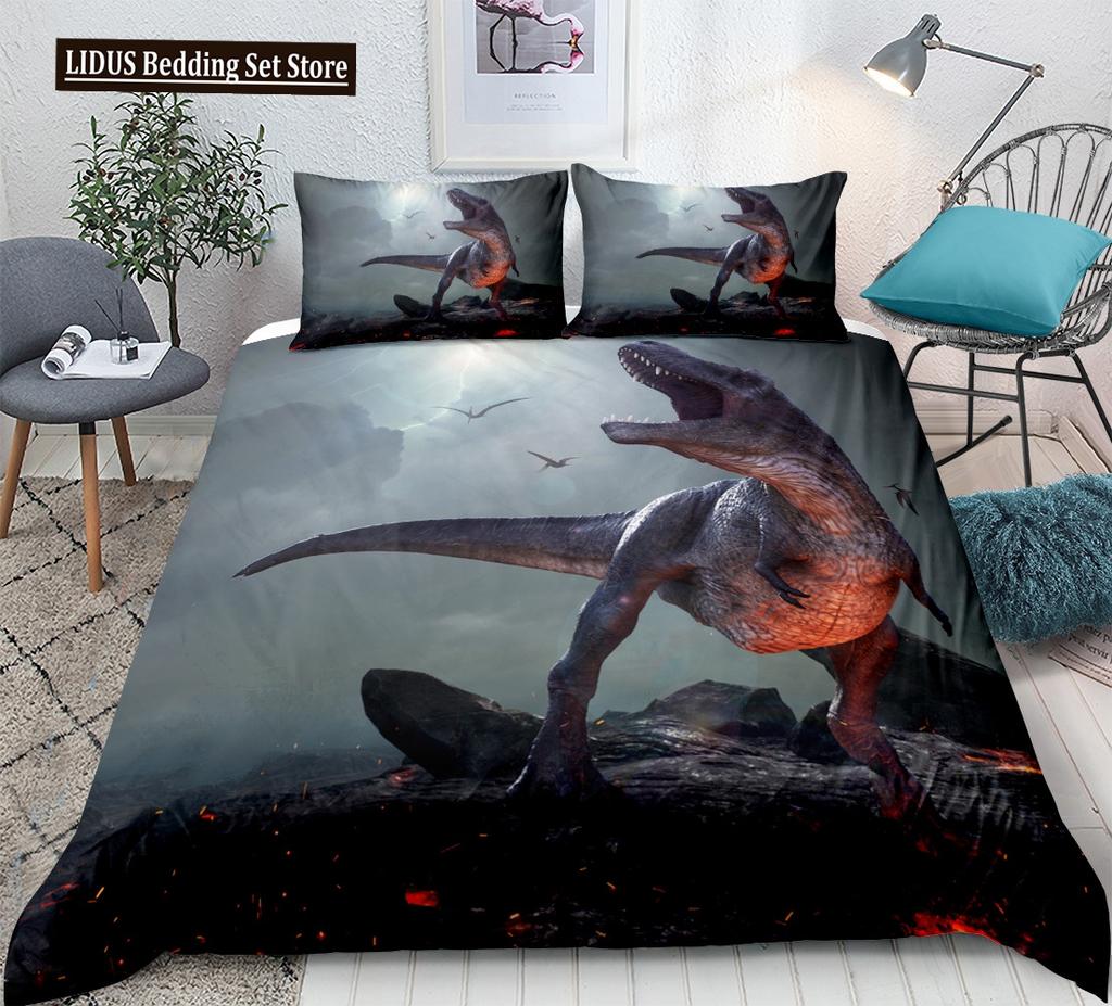 Dinosaur Duvet Cover Set King Queen Full Twin Size Wild Animals Comforter Cover With Zipper For Boys Girl Polyester Bedding Set
