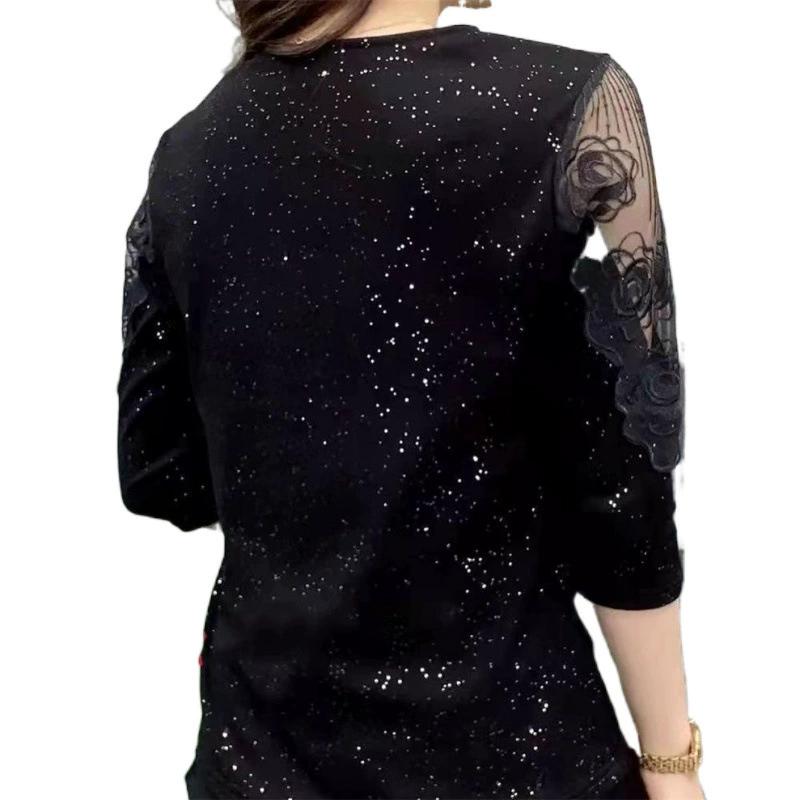 Damen Frühling Herbst Stil Blusen Hemden Damen Lässig Langarm V-Ausschnitt Spitze Patchwork Stretch Bluse Tops