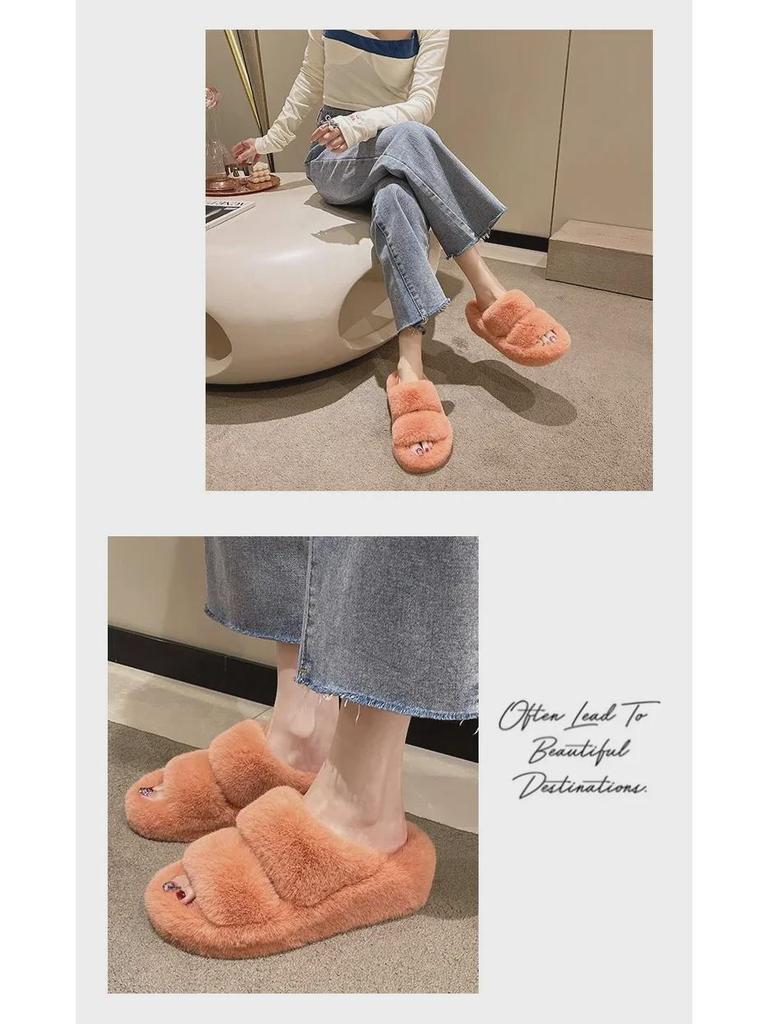Női Vastag Talpú Szőrmés Papucs - Dupla Csíkos, Ferde Szájú, Őszi/Téli Melegség