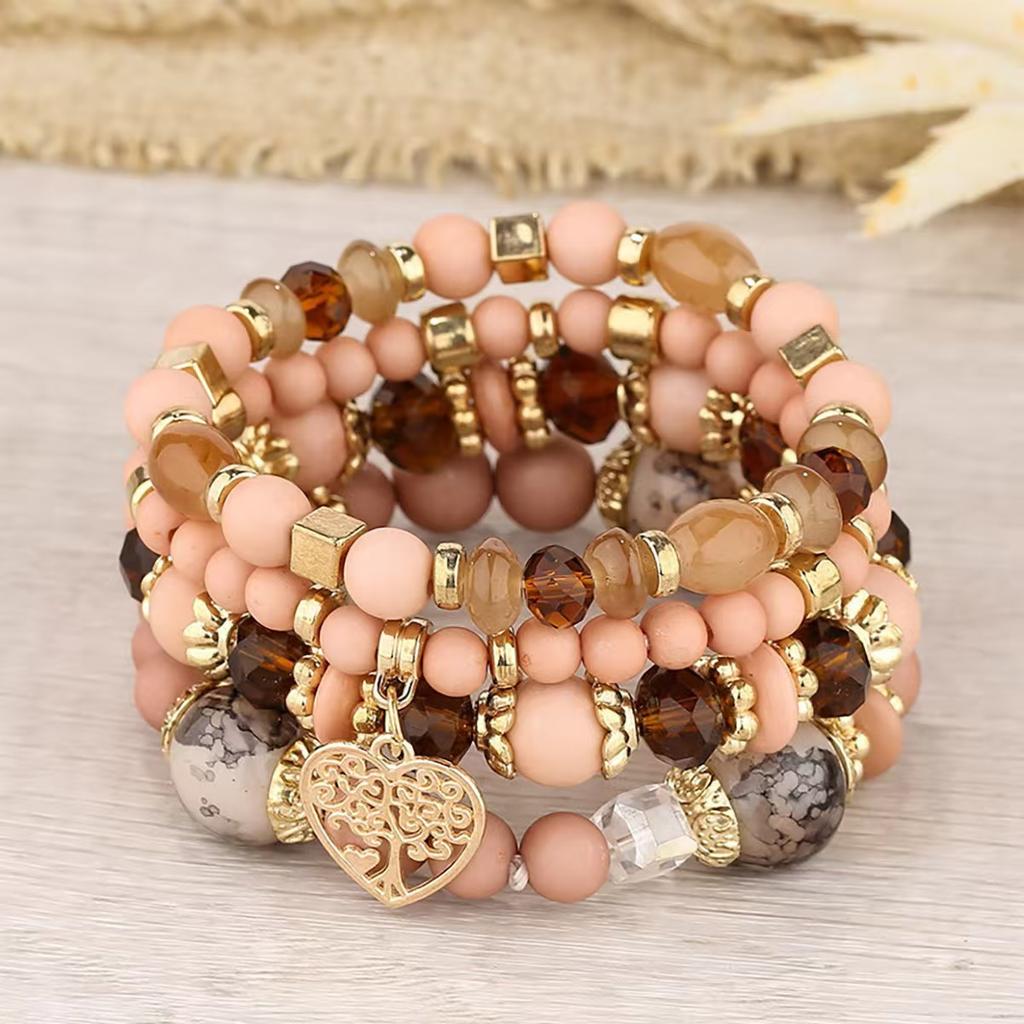 Bohemian Heart Tree Charm Bead Bracelets Set New Statement Multilayered Bracelets Pendant Charm Stretch Bangles Female Jewelry