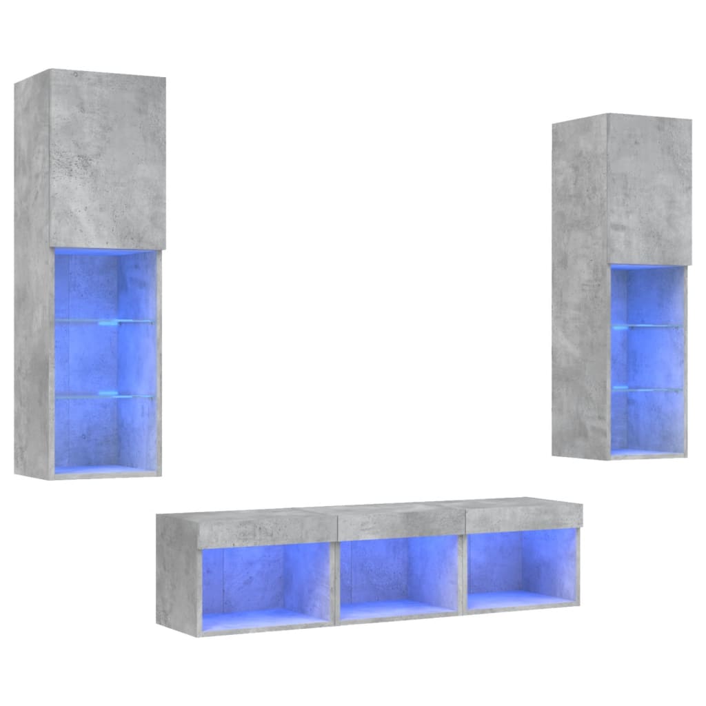 5 Piece Living Room Wall Unit with LED Lighting Concrete Grey Particleboard