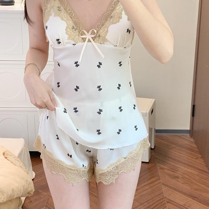 New ice silk pajamas set Internet celebrity print lace casual thin summer suspender shorts spring and autumn