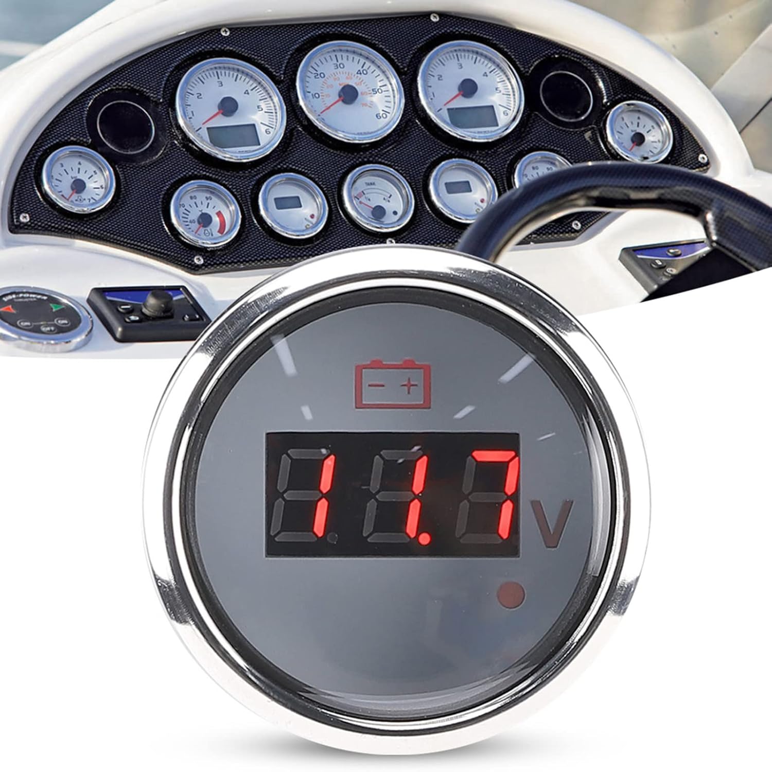 

Marine LED Voltmeter, 2in 316 Stainless Steel Battery Voltage Gauge LED Digital Display IP67 Smart Alarm Universal for Car Boat Auto, Red Alarm Light білий