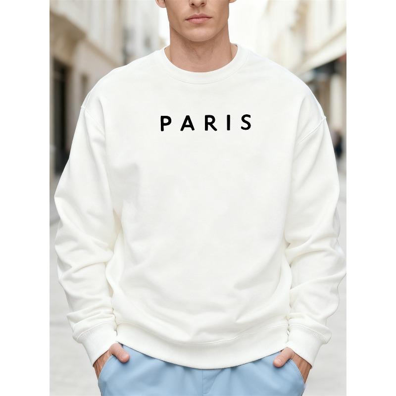 Men'S Casual Round-Neck Sweatshirt with a Paris Design  100% Cotton Printed Long-Sleeve Crew Neck Pullover