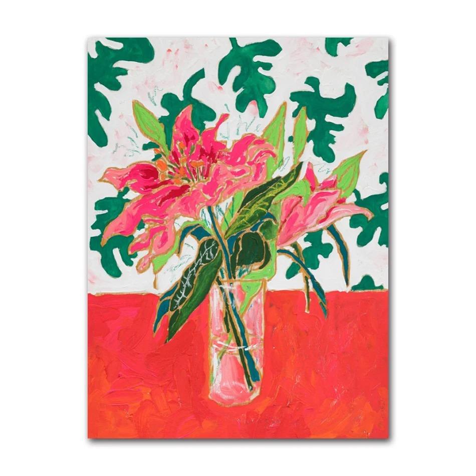 Nordic Flower Leaf Colorful Vase Art Print Wall Poster Canvas Painting Retro Picture Modern Home Decor Bedroom Decoration