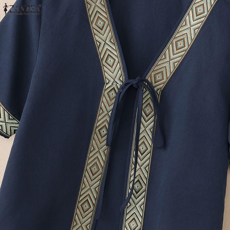 ZANZEA Women Lace-up Open Front Casual Short Sleeve Cardigan Blouse