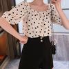 Moda Donna Top a Maniche Corte Sbuffo Pois Scollo Quadrato Camicie da Donna