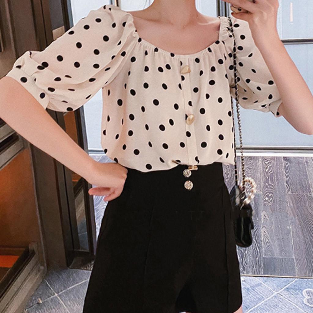 Moda Donna Top a Maniche Corte Sbuffo Pois Scollo Quadrato Camicie da Donna