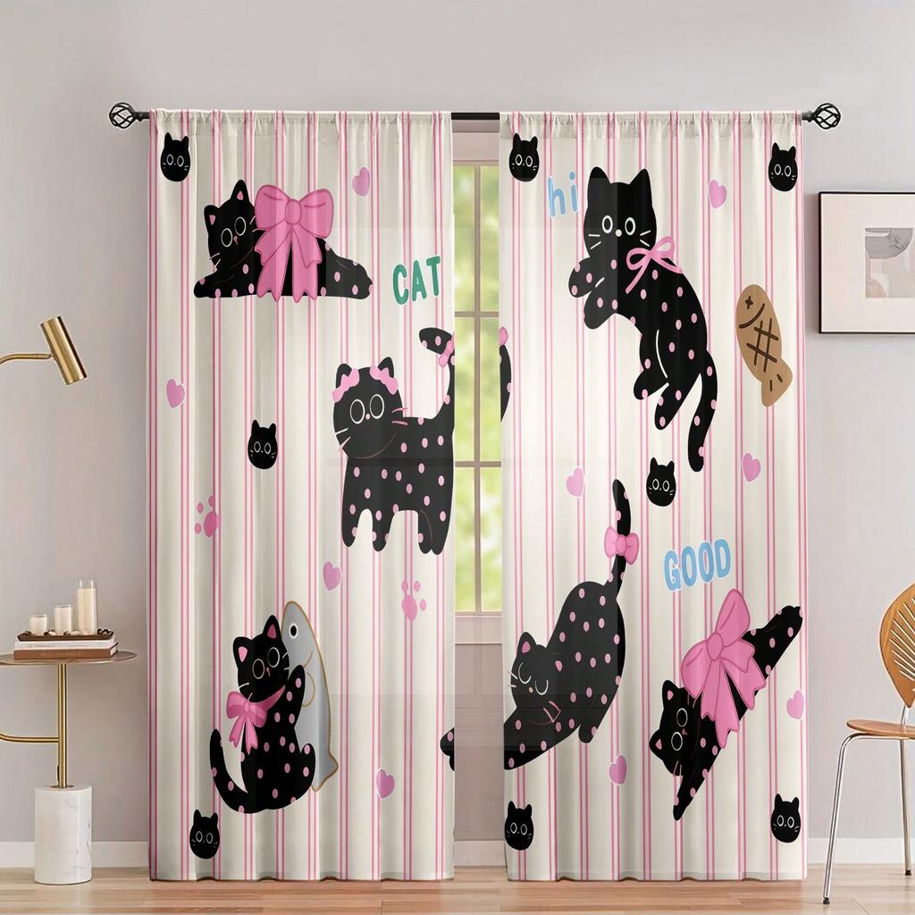 2pcs Striped Cat Print Semi-Sheer Blackout Curtains With Rod Pocket   White Background   Polyester Fabric   Fade-Resistant   Machine