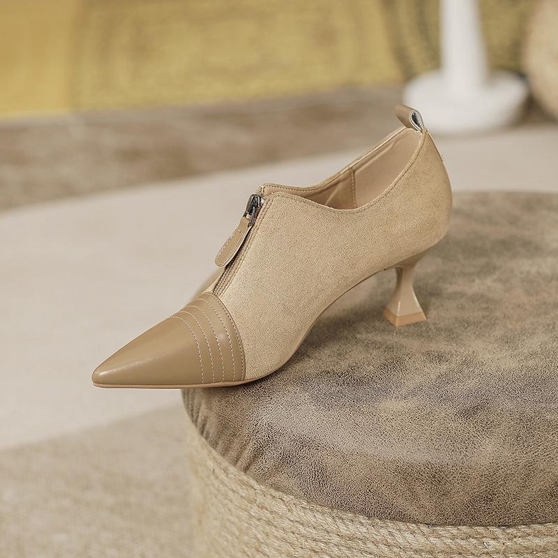 

Женские туфли на высоком каблуке, тонкий каблук, 2025 новая осень и зима, молния спереди, ретро британские женские туфли, комбинированные, с острым носком, с глубоким вырезом, одинарные туфли 39 хаки