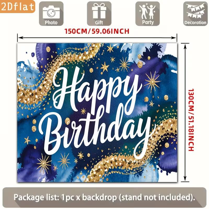 2D Birthday Photography Backdrop Blue Gold Watercolor with Star and Confetti Background