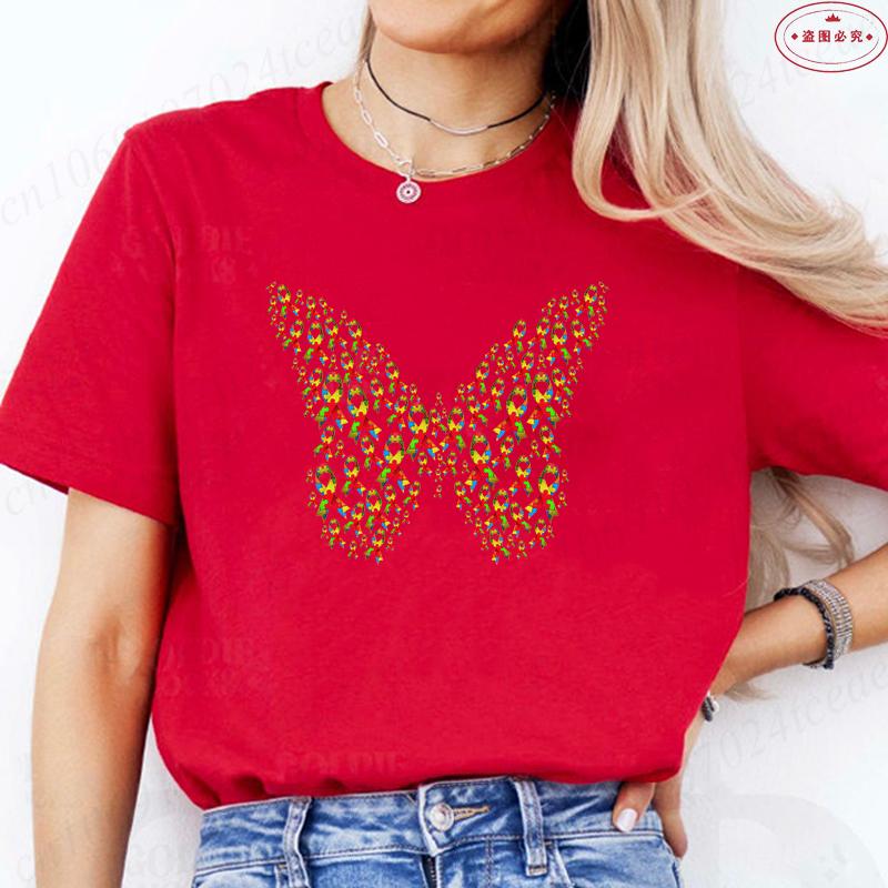 Fashion Butterfly Puzzle Piece T-shirt for Women Graphic Tees Shirt Aesthetic Clothing Summer Autism Awareness Month Y2k Tops