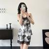 Ink Painting Women's Summer Ice Silk Retro Pajamas Suspender Shorts Set Spring and Autumn Sexy Pajamas Loungewear with Chest Pads