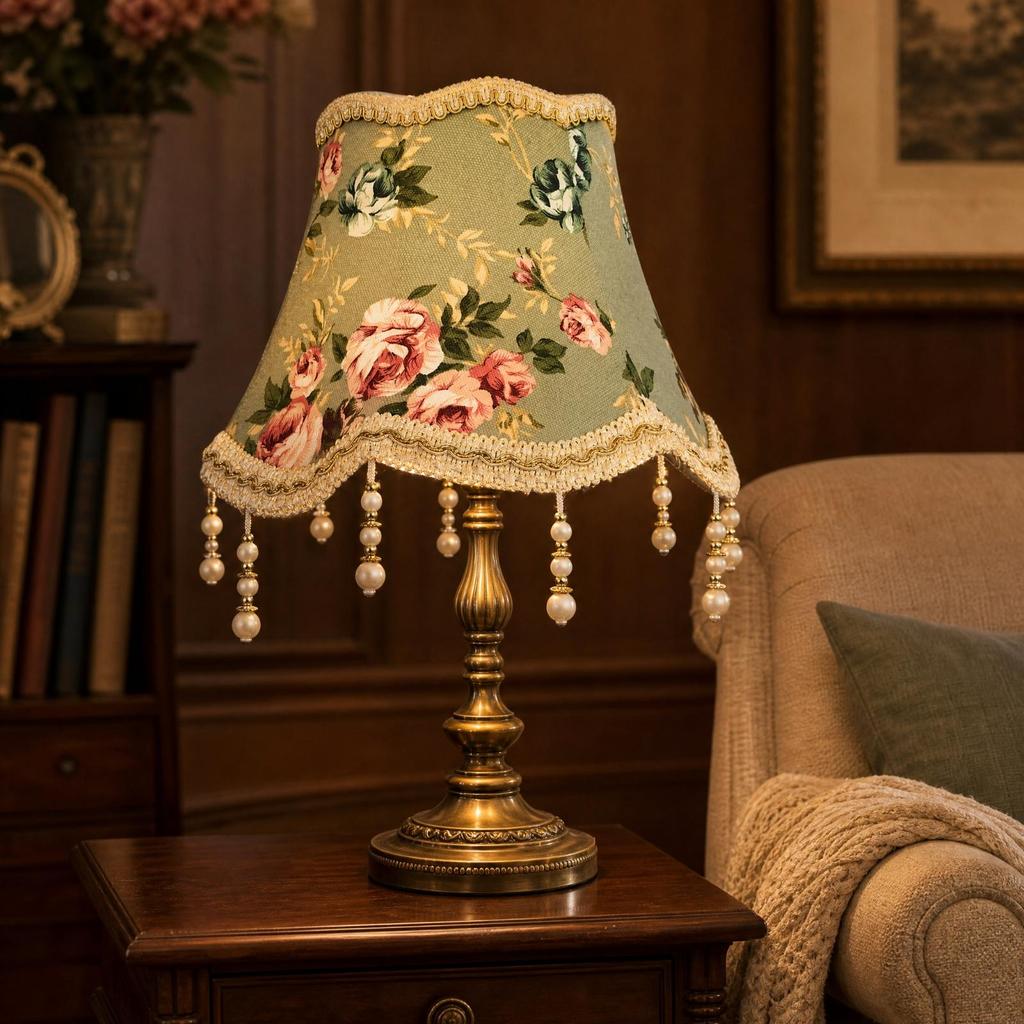 Floral Jacquard Lampshade Light Green with Hanging Bead Ornaments Tapered for Bedside