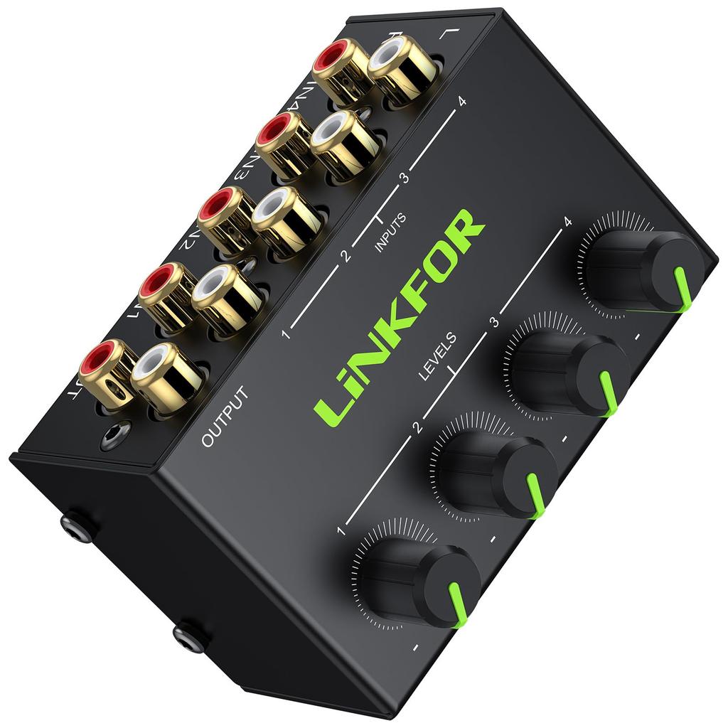 LiNKFOR Stereo Mini Mixer, RCA, 4-Channel Passive Mixer with Adjustable Volume, Metal Shell, Compatible with CD Players, Tape Players, Computers,