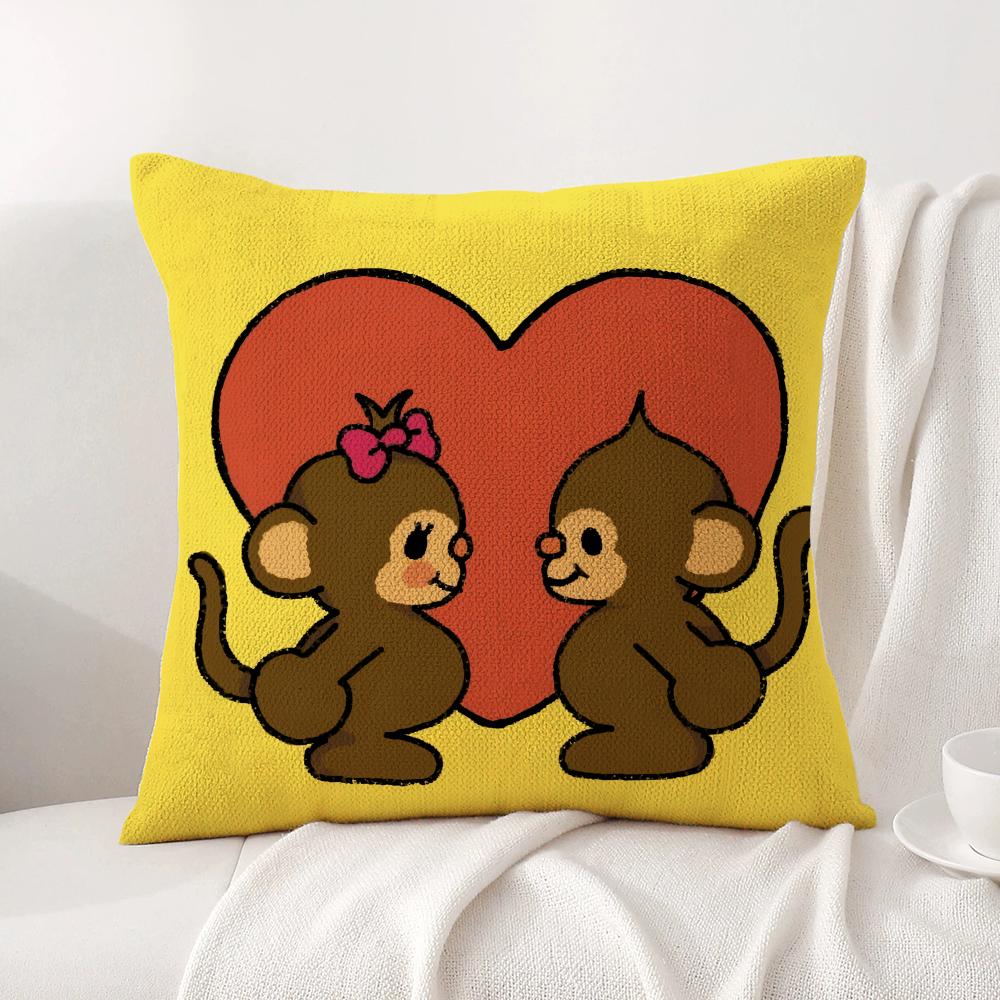 Happy Monkey Cushion Cover Natural Linen Organic Fabric DoubleSided Printing Sofa Home Decor Breathable Bed Pillow