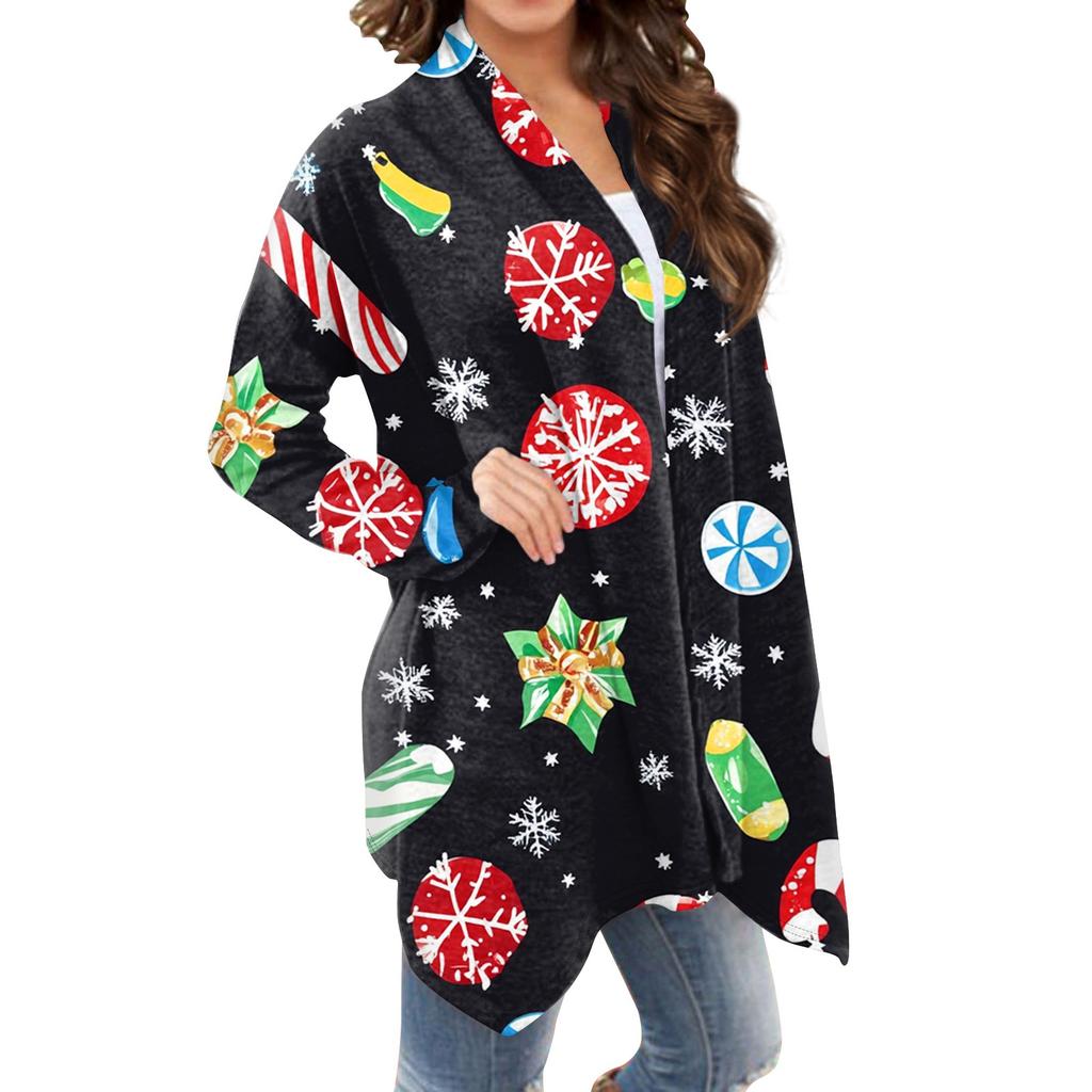 Women's Fashion Casual Christmas Print Medium Length Cardigan Jacket Coat