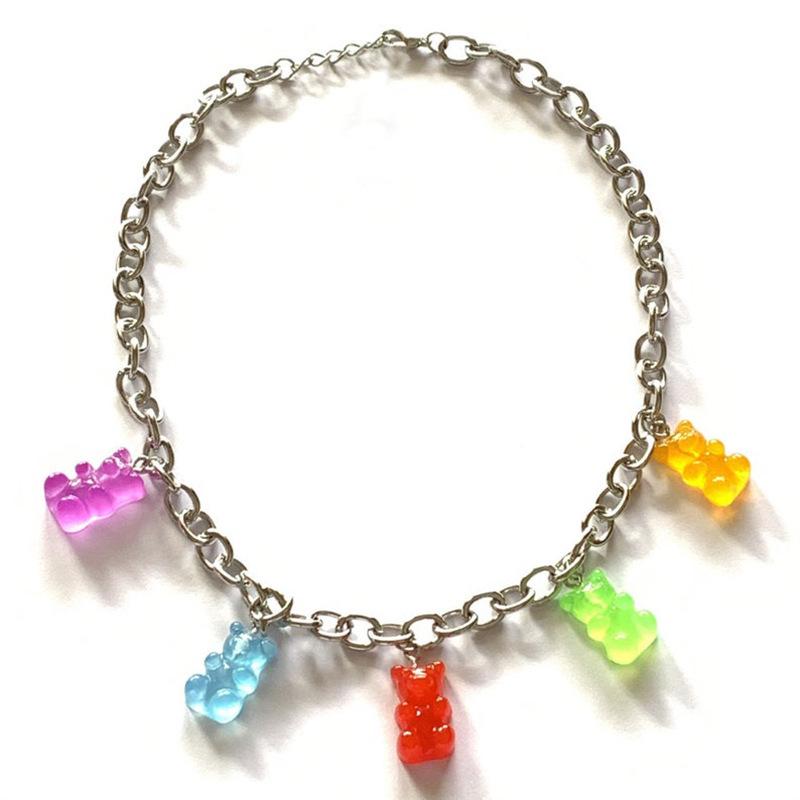 Y2K Rainbow Bear Chunky Chain Necklace - Colorful Resin Pendant for Spicy Sweet Girls