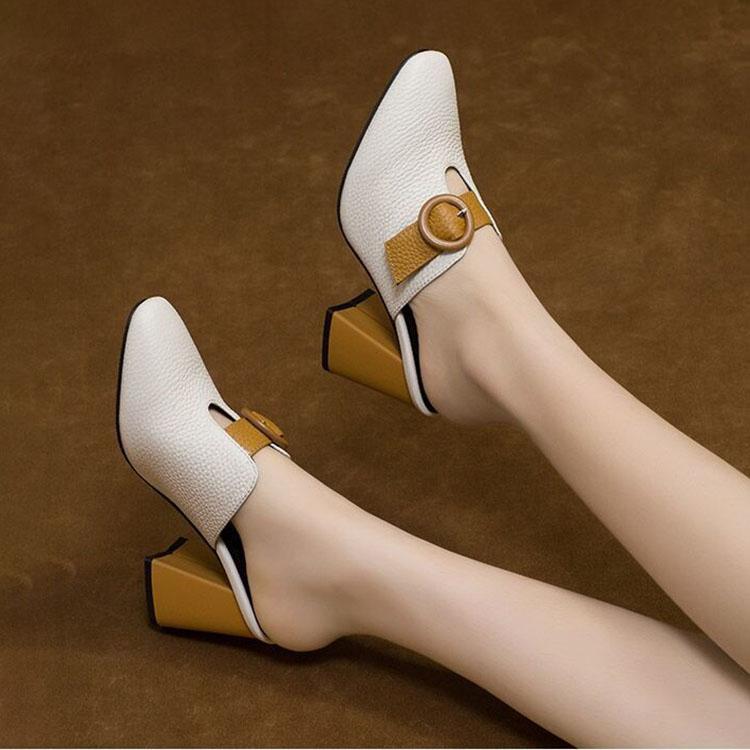 

Женские тапочки Baotou на блочном каблуке, высокий каблук 5 см, модные женские тапочки с пряжкой в ​​британском стиле, летняя одежда 38 слоновая кость