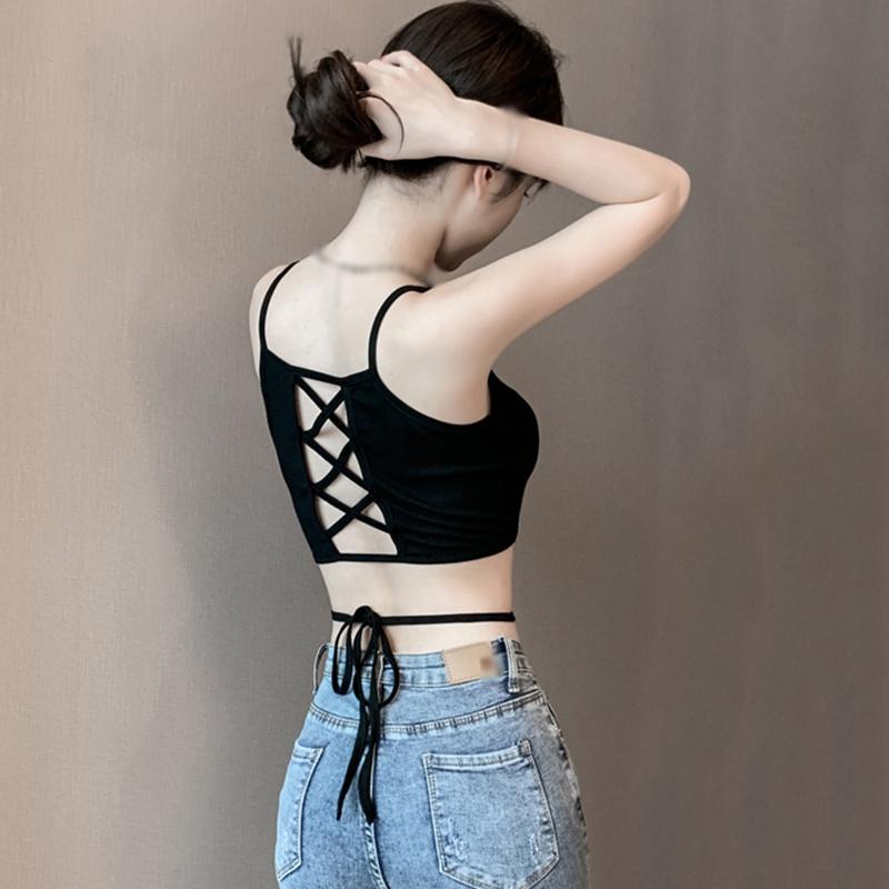 Rückenfreies, aushöhlen, Fitness, ärmellos, kurz, bauchfreie Tops, Party-Tops, Unterhemden, Streetwear, schwarze Schnür-Crop-Tops