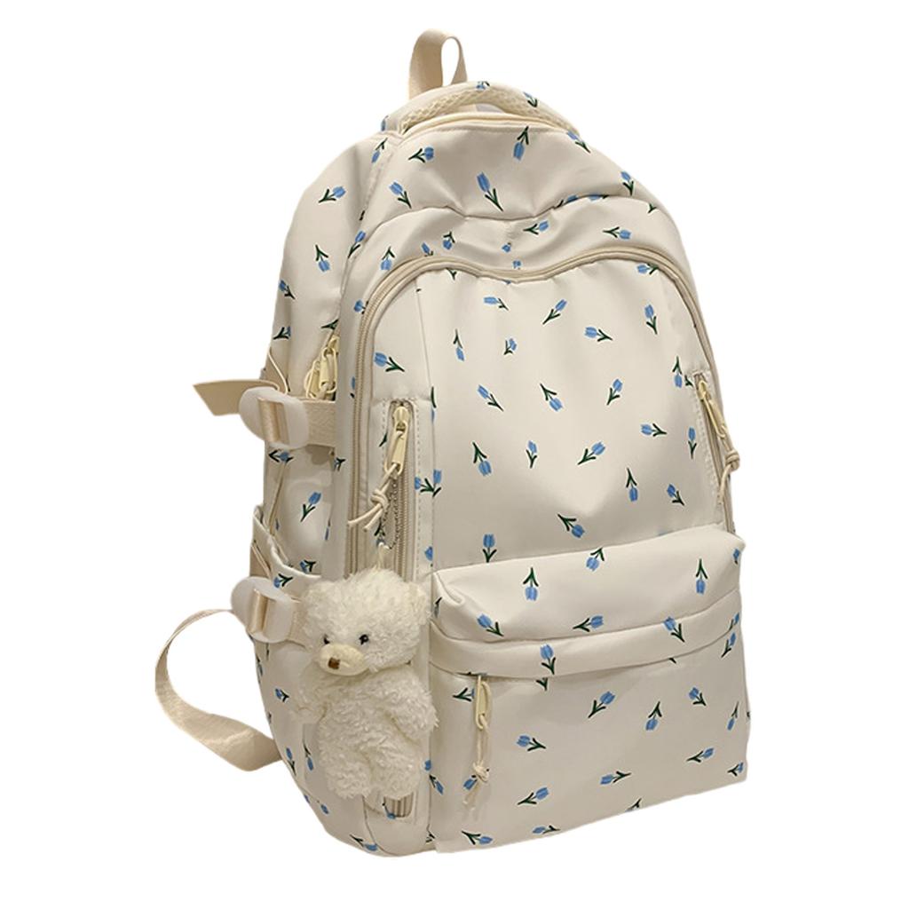 2025 New Japanese Floral White School Backpack – Cute Nylon Rucksack for Teenage Girls, Women's Book Bag, Student School Bags