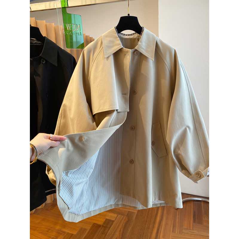 Women's Oversized Short Trench Coat with Lapel Collar and Single Breasted Design