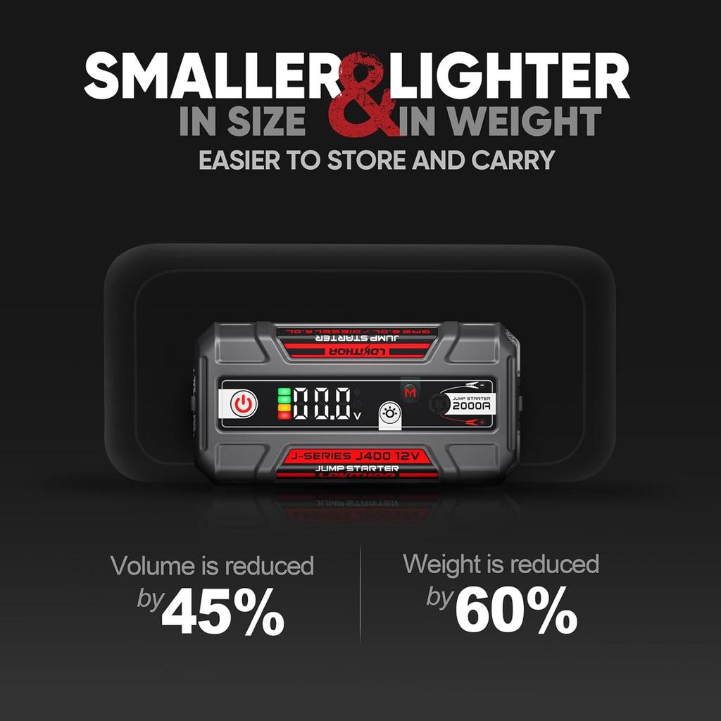 Portable 12V 2000A Jump Starter for Cars, Smart Display & USB Charging, Supports Up to 8L Gas Engines
