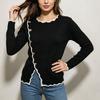Womens Fall Sweater Color Block Crew Neck Long Sleeve Knit Cardigan Outerwear